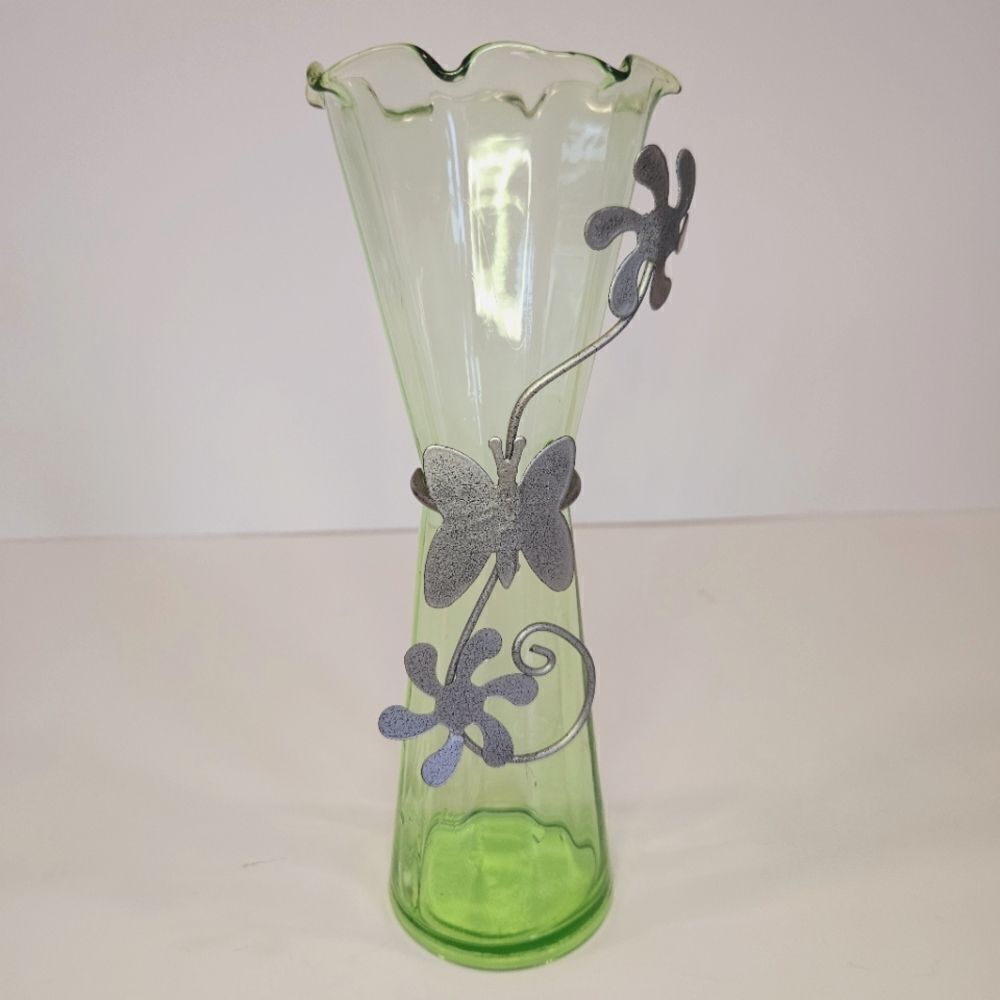 Vintage Green Stretch Glass Ruffled Rim Metal Floral Embellished Bud Vase